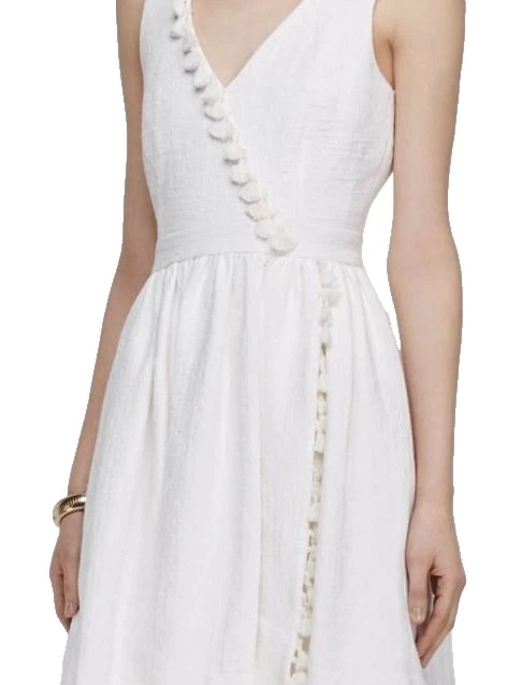 Trina Turk White V-Neck Midi Dress with Pom Trim Detail